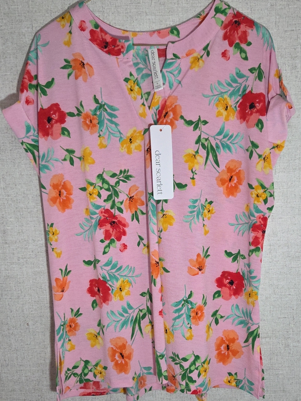 Dear Scarlett Womens Pink Floral Pullover Short Sleeve Tee Shirt Sz Large NWT - Picture 1 of 4